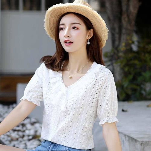 v领上衣女夏装2018新款镂空白色体恤ins韩版宽显瘦松