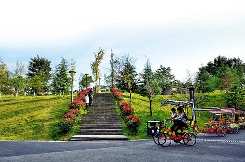 市民在滨湖公园骑自行车