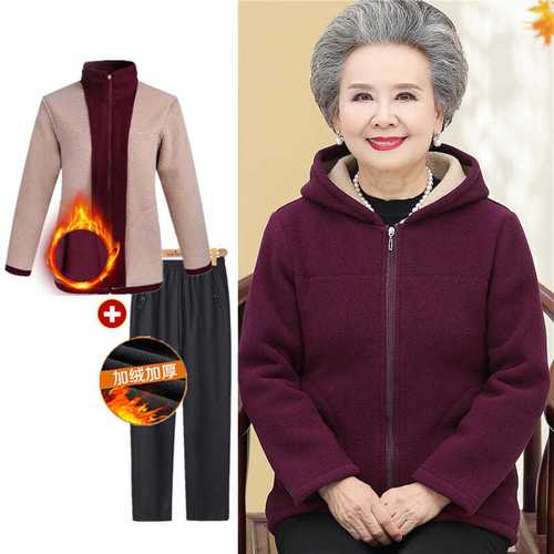 中老年人摇粒绒外套女奶奶秋装抓绒卫衣妈妈套装加厚