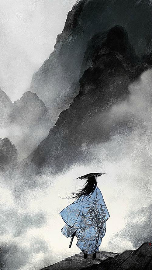 广告背景 > 大气水墨侠客h5背景  大气 水墨 侠客 竹叶 山水画 中国风