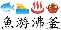 成语: 鱼游沸釜 (注音:ㄩˊ|ㄡˊㄈㄟˋㄈㄨˇ,拼音:yú yóu fèi
