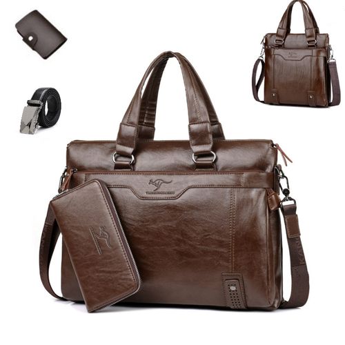 袋鼠男包商务公文包手提包男士横款包包单肩斜跨包包