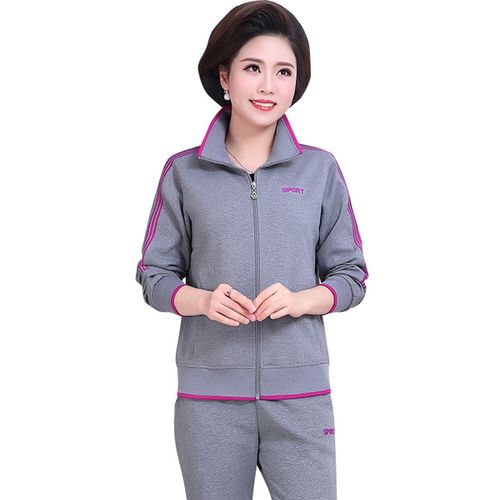 中老年运动服套装女春秋冬季加绒加厚妈妈中年长袖休闲卫衣两件套