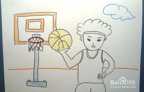 彩色简笔画练习投篮球的男孩
