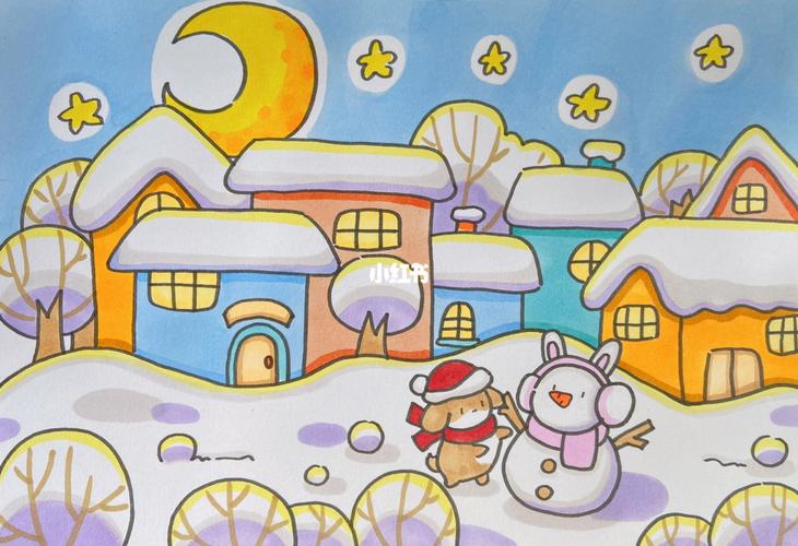 夜景月光月亮下的雪景雪天小镇小房子雪人_夜景_雪景