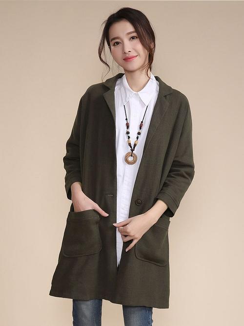 棉麻休闲长款开衫外套 咸菜绿 - 聚美优品 - 最大正品化妆品电商,在美