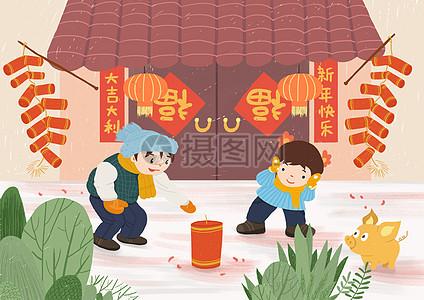 放鞭炮民插画_放鞭炮民卡通_放鞭炮民插图_手绘_板绘