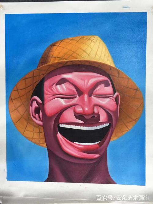 手绘岳敏君大嘴巴笑脸人物油画,开怀大笑