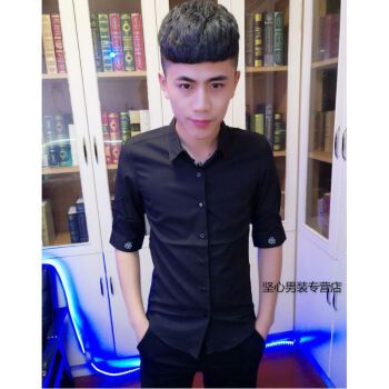 小伙印花衬衫男休闲韩版潮流帅气社会人修身网红七分袖衬衫发型师衬衣