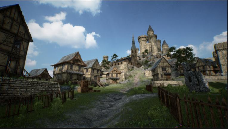 虚幻ue4写实中世纪风场景 建筑群城堡城墙房屋模型带内景20年11月