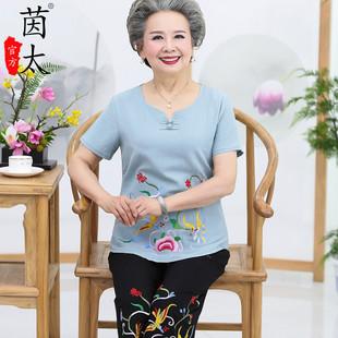 套装中老年女装棉麻两件套纯棉t恤老人衣服奶奶春装小衫妈妈夏装