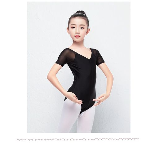 夏季新款儿童舞蹈服女童练功服网纱露背体操连体服黑色开档形体服