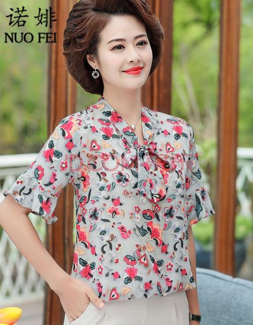 母亲节诺婔2020新款中年妈妈夏装短袖上衣中老年女装洋气夏季雪纺衫40
