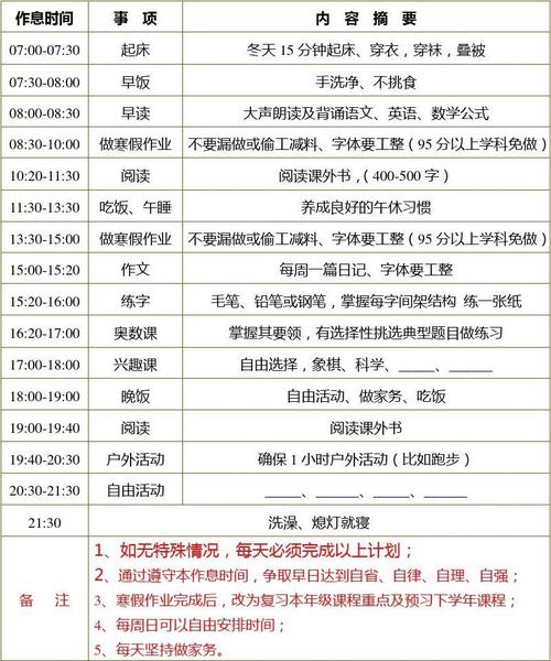 小学生寒假学习计划表