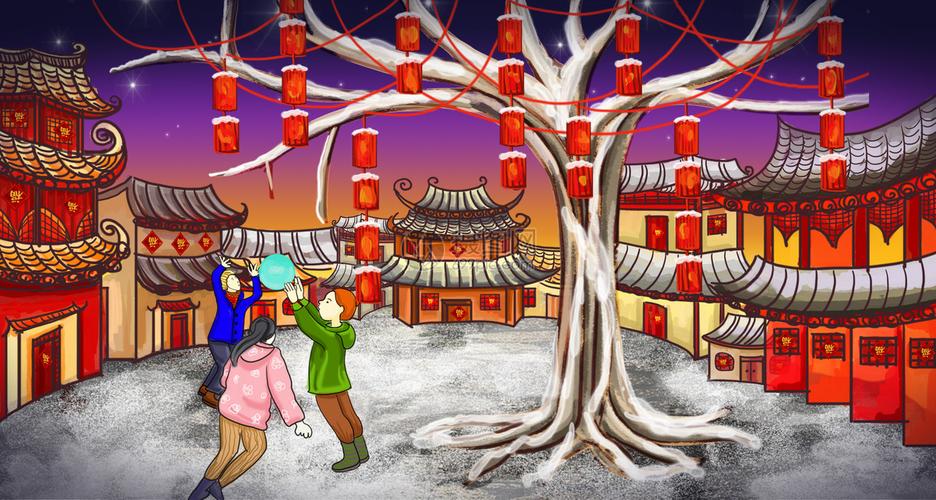 花瓣举报标签:,过年场景红灯笼过年插画过年气氛过年背景图春节过年