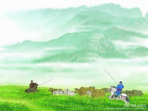 敕勒川,阴山下,天似穹庐,笼盖四野.天苍苍,野茫茫,风吹草低见牛羊.