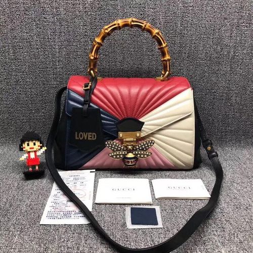 gucci 古驰玛格丽特皇后高端款蜜蜂竹节拼色手提单肩包