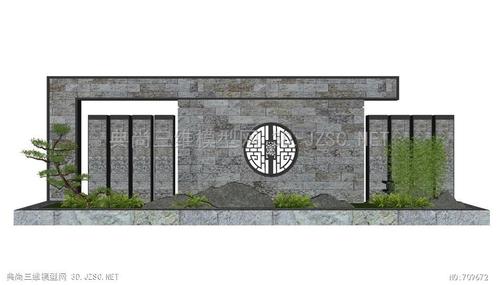 青砖景墙围墙雕塑小品背景墙中式围墙中式景墙5su模型