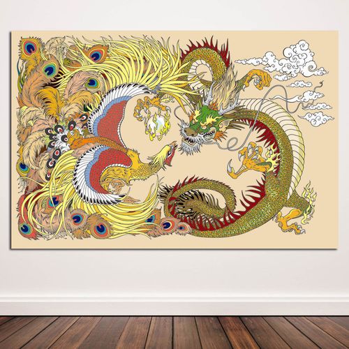 龙凤呈祥挂画金色龙凤图海报壁纸结婚婚房装饰贴墙画