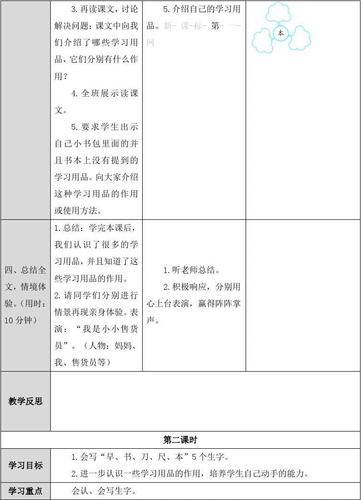 小书包 表格式教案(共2个课时)