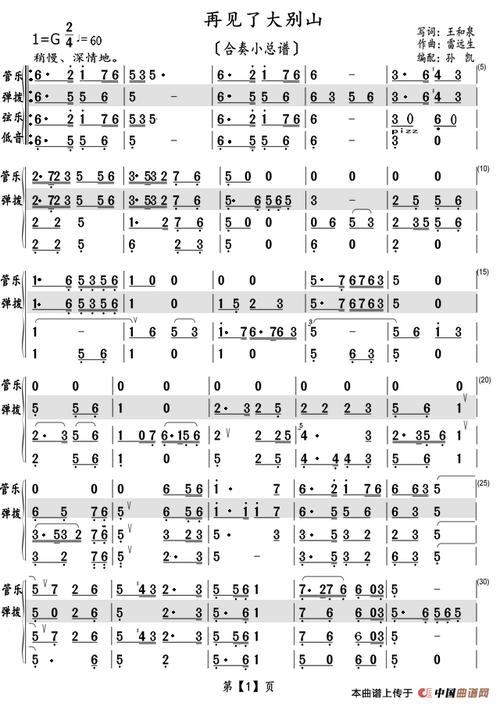 曲谱名:再见了大别山(分解和弦小总谱)总谱