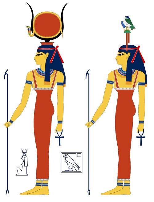 头戴牛角日轮冠冕并有眼镜蛇盘绕,这个形象更加多见,且与伊西斯共用