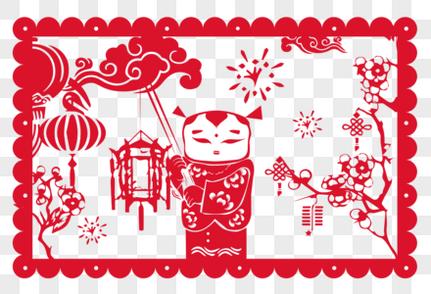正月十五挂花灯剪纸插画春节高清图片素材