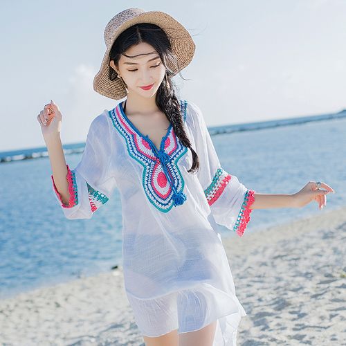海边蕾丝比基尼罩衫女套头中长款沙滩防晒衣外搭性感泳衣外套网纱