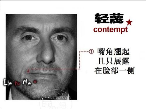 【轻蔑】一侧嘴角收紧表明了这些相关的情绪,轻蔑(厌恶)--冷笑,嘴唇朝