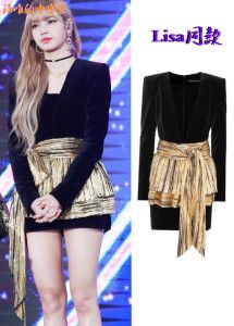 blackpink人间芭比lisa同款v领气质金色裙摆黑丝绒连衣裙礼服两件