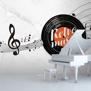手绘个性黑胶唱片音符墙纸客厅音乐室钢琴行艺术培训中心背景壁纸
