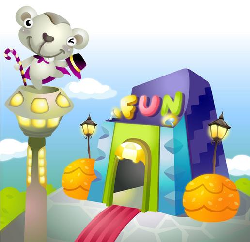 卡通儿童童趣手绘老鼠路灯房子背景素材