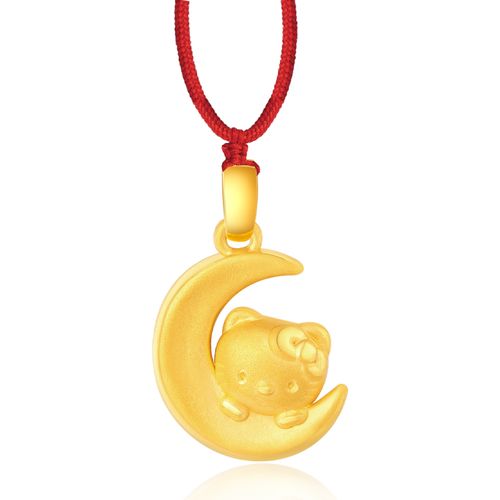 周贝贝珠宝kt猫萌猫抱月黄金足金3d立体硬金女士吊坠项链周岁礼生日