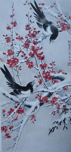 画家笔下的喜鹊红梅