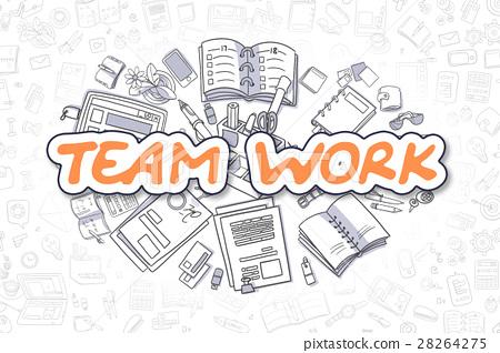 插图素材: team work - doodle orange text. business concept.
