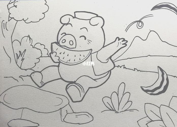 儿童简笔画(猪八戒吃西瓜)_简笔画_西瓜_寒假去哪玩