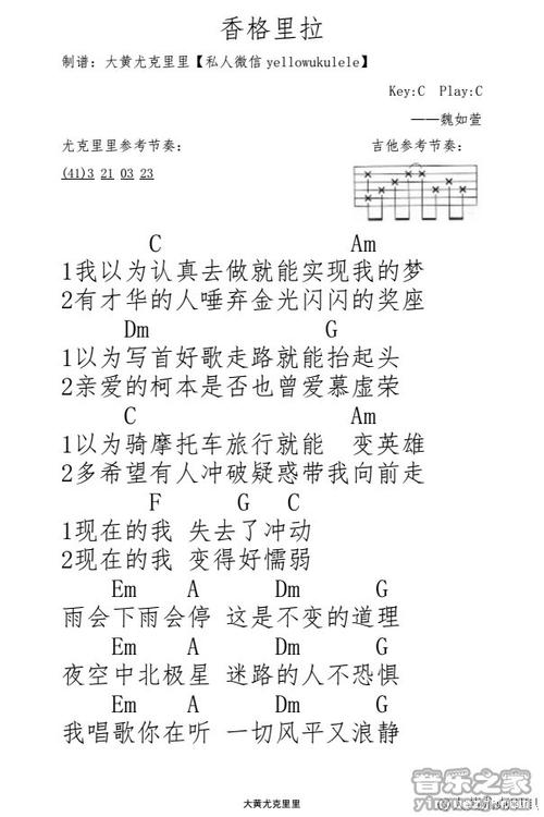 大黄版 魏如萱《香格里拉》尤克里里弹唱谱