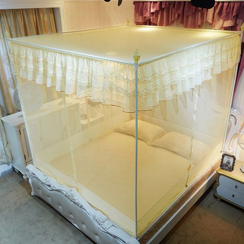 双人1.5m 公主风方顶拉链式蚊帐全底防摔 1.8m 外穿杆坐床蚊帐三开门