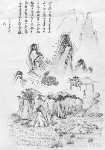 中性笔画的简单山水画