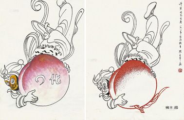 0482 孙悟空偷蟠桃 二帧 镜片 设色纸本