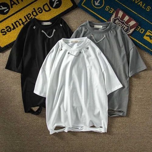 白色破洞t恤男短袖夏季日系潮牌项链内搭半袖ins潮流