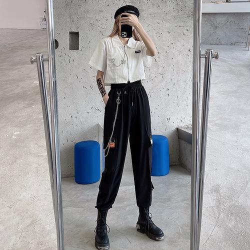 网红时尚炸街薄款工装裤女夏套装潮高腰显瘦小个子酷女孩穿搭帅气