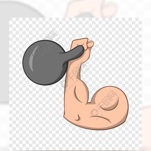 在任何网络设计的背景的动画片样式肌壮的手臂与卡通风格的哑铃图标