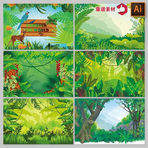 热带雨林绿色树林森林植物树叶卡通风景插画背景墙纸矢量设计素材