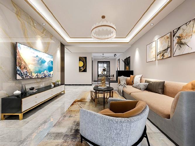 客厅看向餐厅 吊顶上的金属线条自带高雅气质 与墙面的修饰巧妙呼应