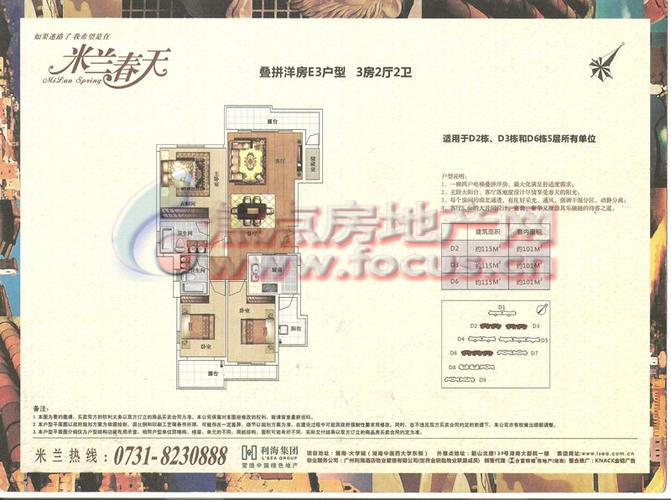 利海米兰春天叠拼洋房e3户型三室两厅两卫户型_利海米兰春天户型图