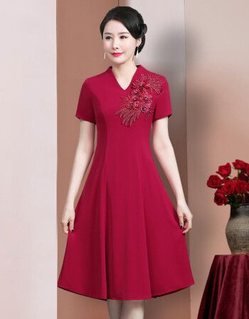 希尔库班儿子结婚妈妈穿的喜庆夏装衣服婆婆装婚礼高端丈母娘旗袍红色