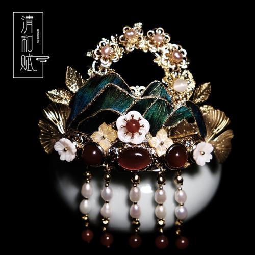 购客清和赋千里江山发冠原创孔雀羽毛仿点翠珍珠玛瑙古风汉服发簪头饰
