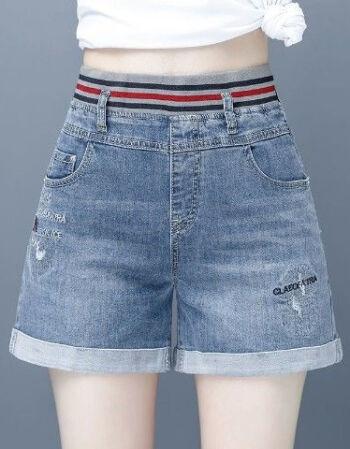 牛仔短裤女2022夏季新款卷边阔腿热裤女宽松休闲显瘦松紧低腰蓝色1108