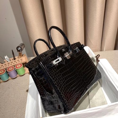 爱马仕包包 birkin 25cm 倒v湾鳄 黑色 银扣